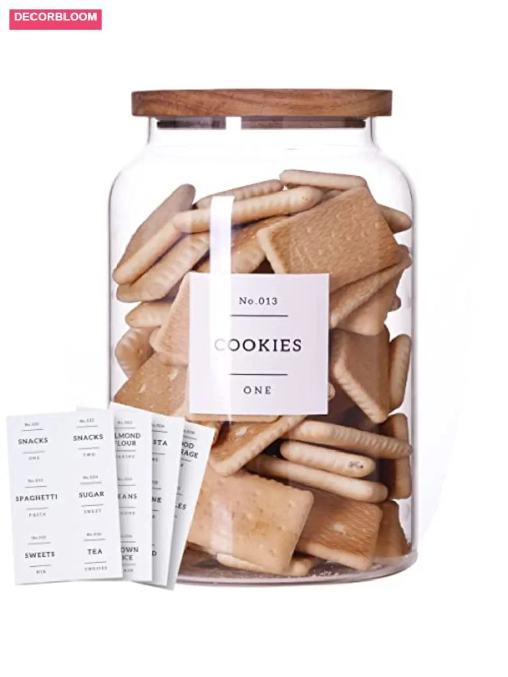 1 Gallon Glass Cookie Jar with Airtight Acacia Lid & 42 Labels